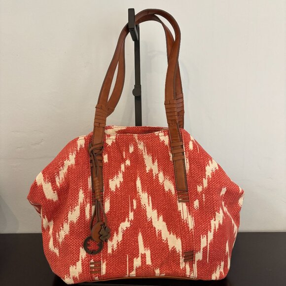 Lucky Brand Orange White Brown Aztec Ikat Canvas Tote - Picture 6 of 12